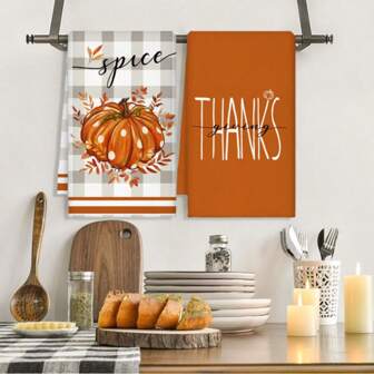 2 件套，秋季南瓜枫叶图案毛巾，感恩节南瓜蜡烛装饰毛巾，新款格子向日葵图案厨房餐厅聚会洗碗布，速干吸水洗碗巾