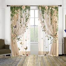 قطعتان من الستائر الحالمة ذات اللون الدافئ، مطبوعة بالورود والأوراق الخضراء والفراشات. تصميم الكروم المتعرج حيوي وطبيعي. جيب للحماية من الخصوصية. الأنماط الريفية مناسبة لديكور المنزل في غرف النوم وغرف المعيشة والمكاتب، مما يضيف جوًا دافئًا وطبيعيًا إلى منزلك.