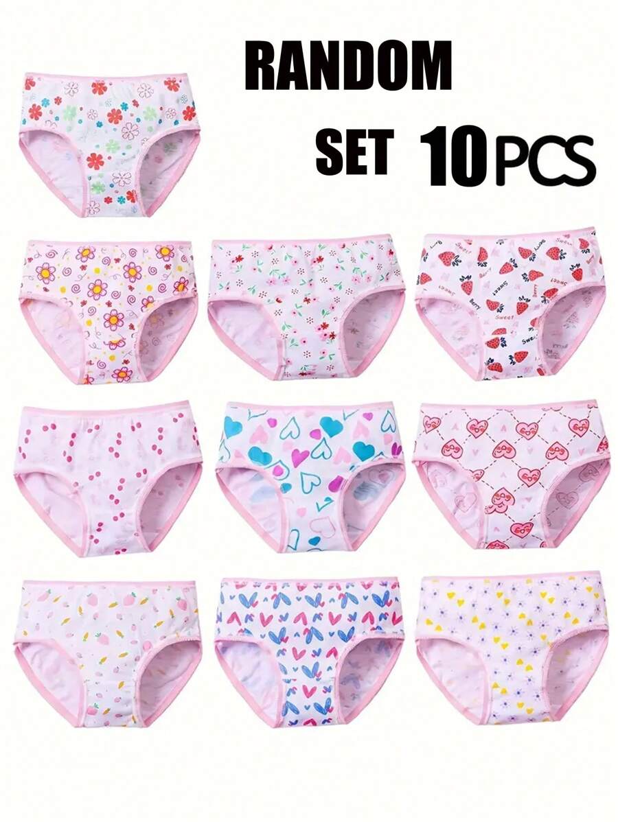 10pcs/Pack Young Girl Panties With Cute Ditsy Floral, Heart Design, Comfortable Briefs & Shorts For Toddlers & Children