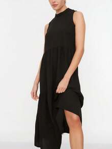 Solid Color Casual Minimalist Sleeveless High Neck Round Neck Bodycon Black Dress - Black - View 3