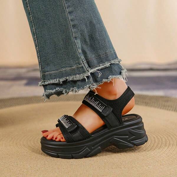 Dames dikke zool platform strass studded casual sportsandalen, zwart