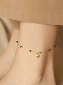 1pc 18K Gold Plated Stainless Steel Anklet With Seashells And Emerald Beads, Hypoallergenic Beach Vacation Jewelry For Women, Suitable For Women To Wear In Daily Life Or On Vacation, Or As A Gift For Valentine's Day Valentines,Mom,Mother,Mother's Day,Gift.