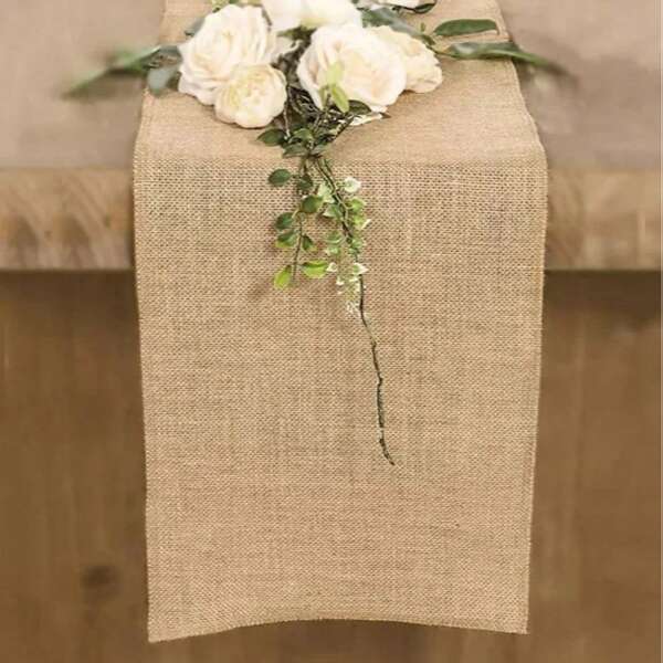 1 st. effen linnen jute rustieke tafelloper, boerderij tafelloper, bloemenkanten afwerking jute geweven stof decor, vintage romantische tafelkleed voor feest, bruiloft, verjaardag, hotel & thuis eettafel decoratie, babyshower