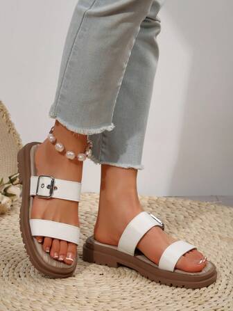 露趾纯色一脚蹬休闲百搭都市户外海滩度假平底凉鞋女式