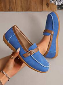 Metal Chain Decor Slip-On Flats, Fashionable Women Loafers, Retro British Style Slip-On Loafers, Comfortable Flat Moccasins, Suitable For Commuting And Casual Wear - Blue - View 3