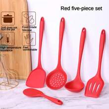 Juego de 5 piezas de utensilios de cocina de silicona resistente - Espátula, cuchara ranurada y cazo para sartenes antiadherentes | Resistentes al calor, herramientas de cocina con mangos ergonómicos (freír, hornear, acampar)