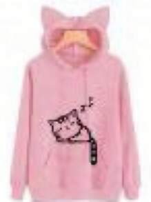Women Plus Size Long Sleeve Hoodies Sweatshirt Cute Cat Print And Ear  Pocket Drawstring Pullover - Pink - View 1