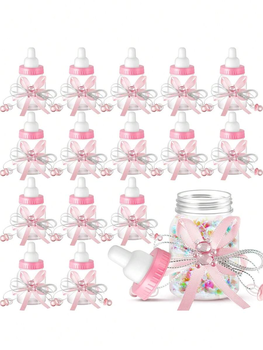 12个装 - 婴儿派对奶瓶迷你塑料熊糖果罐，带丝带，适用于宝宝性别揭晓派对、婚礼回礼装饰
