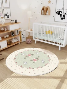 1pc Tapete de área redondo de lã sintética macia, tapete decorativo com design de coelho e flor, resistente a manchas e fácil de cuidar, quarto, decoração de casa, decoração de festival