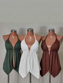 Women's Boho Chic Blouse With A Halter Neck And A Bare Back With A Tie At The Back - Blanco - Ver 2