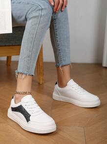 New Casual Simple Fashion Comfy PU Leather Low-Top Lace-Up Flat Skateboard Sneakers, Anti-Slip Shock-Absorbing Sports Shoes For Teenage Girls & Students, Suitable For Outdoor Activities And Daily Wear