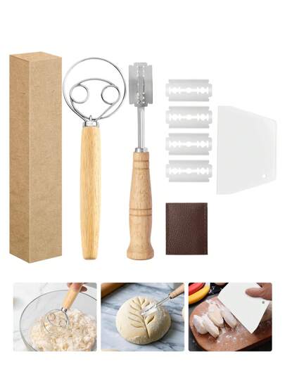9pcs/Set, Bread Lame Danish Dough Whisk Kit, Including 1pc Bread Carving Tool, 4pcs Replacement Blades,1pc Leather Blade Protective Cover, 1pc Carving Tool Storage Box, 1pc Dough Scraper And 1pc Wooden Handle Dough Whisk/Flour Stirring Stick, Bread Making Tools, Baking Tools, Scoring Bread Shaper Set, Bread Cutter Set For Pastry, Baking, Cake, Dessert, Sourdough, Pizza, Kitchen Supplies, Kitchen Utensils, Kitchen Gadget Sets
