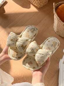 XIXITIAO Śliczne lniane kapcie z kokardką, domowe, miękkie, płaskie kapcie w stylu wróżki, oddychające lniane kapcie do domu/łazienki, klasyczne płaskie klapki z blokami kolorów dla kobiet, całoroczne - Morelowy, słodki szczeniak urodzinowy - Zobacz 8