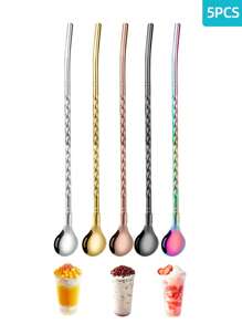 Set de 5 piezas de pajitas y cucharas multiusos de acero inoxidable en colores surtidos, set de pajitas y cucharas con diseño espiral minimalista, pajitas y revolvedor de metal reutilizables, perfectos para malteadas, té con leche, café y otras bebidas, ideal para la cocina, bar, buffet, artículos escolares