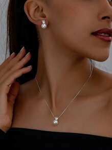 3pcs/Set Minimalist Faux Pearl Pearl & Zirconia Stone Stud Earrings, Necklace Suit, Elegant For Engagement, Party, Everyday Wear, Mother's Day Gift Ide
