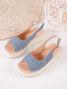1 Pair Girls Jute Rope Thick Bottom Casual Hook And Loop Sandals, Suitable For Summer