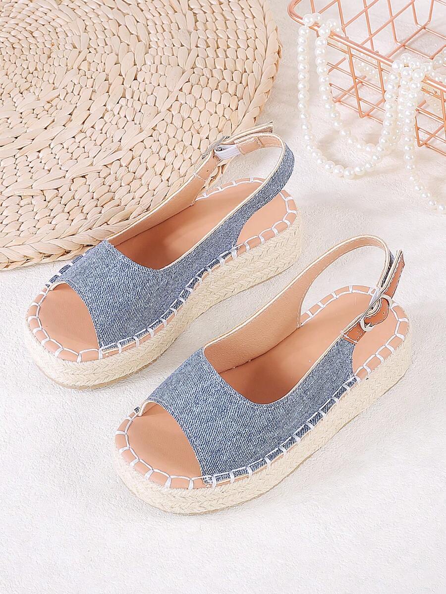 1 Pair Girls Jute Rope Thick Bottom Casual Hook And Loop Sandals, Suitable For Summer