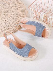 1 Pair Girls Jute Rope Thick Bottom Casual Hook And Loop Sandals, Suitable For Summer