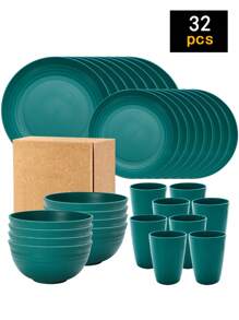 4 件/16 件/32 件 不易破碎 PP 可重复使用塑料餐具套装，包括盘子、碗和杯子。适用于家庭和户外野餐学校用品、圣诞礼物 - 彩色 - 查看 28