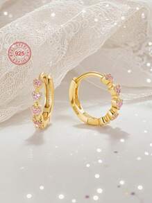 Artepollo 1pc 925 Sterling Silver Hypoallergenic Heart Hoop Earrings, Inlaid With Pink Zirconia, Delicate And Petite, Gift For Girls, Friends, Back To School