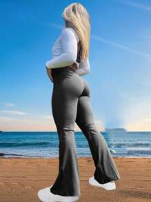 3pcs Comfy High Waisted Vintage Flared Yoga Pants, Casual Fashion, Butt Lifting, Slimming, Sexy Design, Long Legs, Suitable For Outdoor Exercise, Fitness, Workouts - Dark Grey - View 5