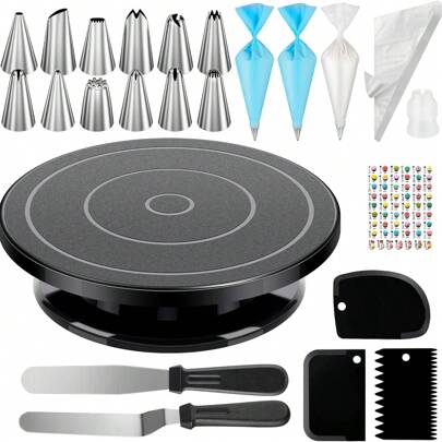 71pcs Stainless Steel Icing Piping Nozzles, Cake Decorating Turntable Set, 12 Piping Tips, 1 Cake Turntable, 2 Reusable Piping Bags, 50 Disposable Piping Bags, 2 Couplers, 2 Icing Spatulas, 3 Icing Scrapers, Cake Decorating, Piping Tips, Pastry, Cupcakes, Baking Tray Decorations, Baking Tools, Frosting, Cookies, Kitchen Gadgets
