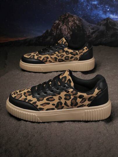 Ladies' Leopard Print Wide Width Athleisure Sneakers, Lightweight & Breathable Lace-Up, Popular Women's Shoes