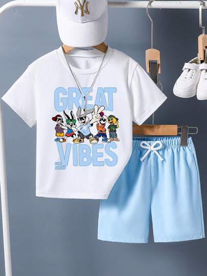 Tween Boys Cartoon Print Short Sleeve T-Shirt And Shorts Summer Outfit