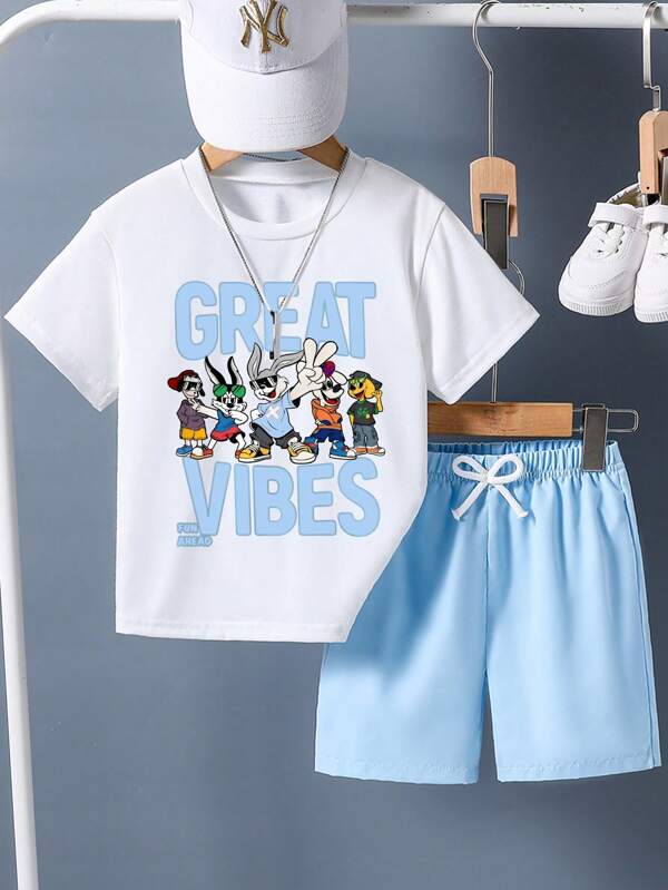 Tween Boys Cartoon Print Short Sleeve T-Shirt And Shorts Summer Outfit
