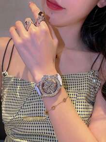 1 件時尚女式手錶,透明背面,鑽石鑲嵌,可旋轉星空錶盤,雪花圖案,不銹鋼錶殼,白色皮革錶帶,防水石英手錶,非常適合女士約會禮物和日常佩戴