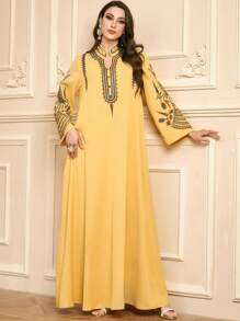 Women's Long Yellow Kaftan Robe, Notched Neck, Wrist Length Sleeves, Embroidered, Elegant Woven Fabric Jalabiya - Yellow - View 6