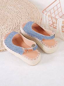1 Pair Girls Jute Rope Thick Bottom Casual Hook And Loop Sandals, Suitable For Summer