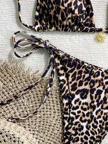 2pcs/Set Women's Sexy Leopard Print Bikini Swimsuit, European And American Style - Coffee Brown - View 5