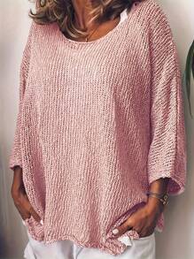 大码休闲宽松纯色七分袖毛衣 - 粉色 - 查看 2