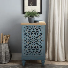 Accent Cabinet With 2 Doors, Distressed Storage Cabinet With Wood Frame And Hollow-Carved Door For Entryway Living Room, Blue