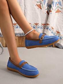 Metal Chain Decor Slip-On Flats, Fashionable Women Loafers, Retro British Style Slip-On Loafers, Comfortable Flat Moccasins, Suitable For Commuting And Casual Wear - Blue - View 6
