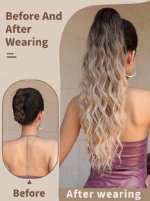 24英寸黑棕色长卷发马尾夹式合成假发接发，自然逼真，女士马尾假发 - 漸層棕色 - 查看 9