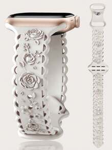 Lace Flower Floral Engraved Band Compatible With Apple Watch Band 49mm 46mm 45mm 44mm 42mm 41mm 40mm 38mm, Waterproof Sport Silicone Wristbands Replacement Strap For Apple Watch Series 10 9 8 7 6 5 4 3 2 1 SE For Women