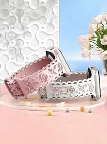 Lace Flower Floral Engraved Band Compatible With Apple Watch Band 49mm 46mm 45mm 44mm 42mm 41mm 40mm 38mm, Waterproof Sport Silicone Wristbands Replacement Strap For Apple Watch Series 10 9 8 7 6 5 4 3 2 1 SE For Women