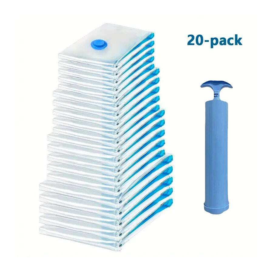 20-Piece Vacuum Compression Storage Bag Set, Featuring A Manual Pump, Multiple Sizes, Transparency, And Sealed Plastic Storage Containers. Ideal For Organizing Clothes, Blankets, And Shirts, While Saving Space In Your Home - Picture Color - View 1