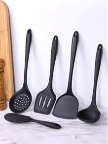 Juego de 5 piezas de utensilios de cocina de silicona resistente - Espátula, cuchara ranurada y cazo para sartenes antiadherentes | Resistentes al calor, herramientas de cocina con mangos ergonómicos (freír, hornear, acampar)