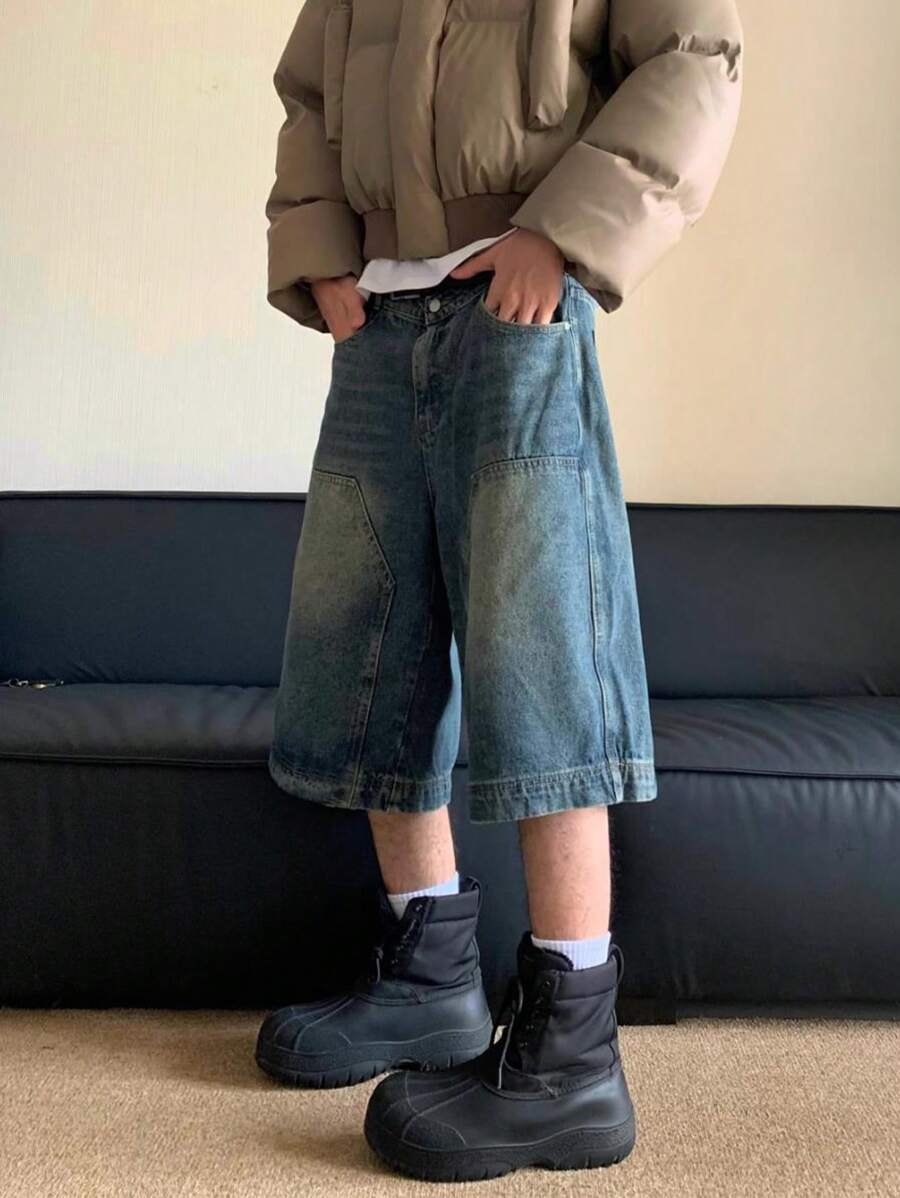Men's Casual Loose Bermuda Vintage Denim Shorts With Pockets, Daily Wear