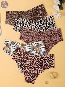 5pcs/Set Women Seamless Low-Waist Sexy Leopard Print Bikini Briefs, Comfortable & Breathable For Fitness & Sports