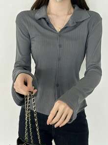 女式长袖 Polo 领 T 恤，肩部褶皱，合身设计，喇叭袖，分层上衣，秋季 - 深灰色 - 查看 2