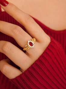 1 pieza Anillo de plata de ley S925 con granate rojo micro-incrustado, elegante, regalo de lujo para mujeres en bodas
