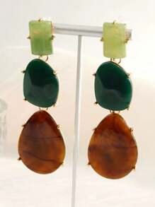 1 Pair Retro Geometric Multilayer Resin Drop Earrings, Vintage Chic Oversized Earrings, Fashionable & Versatile