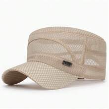 1 pieza Gorra plana con etiqueta de hierro, unisex, casual, transpirable, protección solar para exteriores. Gorra plana con malla transpirable, ajustable, apta para hombres y mujeres, casual para exteriores, sombrero protector solar con orificios de ventilación, hecho de poliéster. Opciones de color: negro/gris/verde oliva/beige/azul marino. Nuevo lanzamiento. Gorra plana de malla completa con etiqueta de hierro, protección solar transpirable casual para hombres y mujeres para el verano al aire libre.