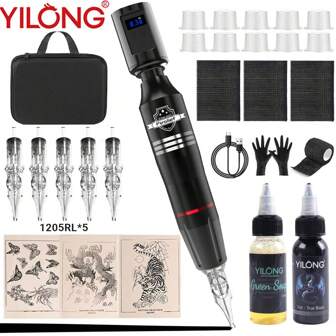  YILONG Wireless Tattoo Machine Kit, Tattoo Pen Kit med digital LED-skärm, Lämplig för nybörjare och veteraner Tatueringsnålpatron Tattoo Ink Professional Tattoo Kit