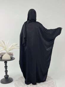 2 piezas Cárdigan informal de mujer de manga tipo murciélago, ropa de estar en casa con pañuelo para la cabeza, vestido árabe tradicional tipo abaya