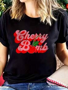 Women's Retro 70s Cherry Bomb Pattern T-Shirt - Retro Style Short-Sleeved Casual Top, Black T-Shirt, Red Cherry Print, Round Neck, Ladies' Summer Must-Have, Cherry T T-Shirt - Black - View 1